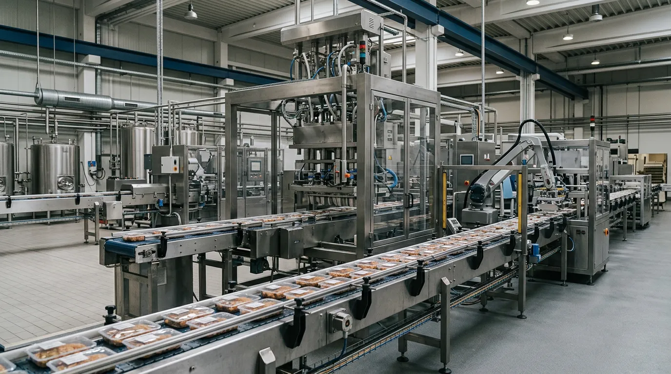 Línea automatizada de empaque en una planta de alimentos