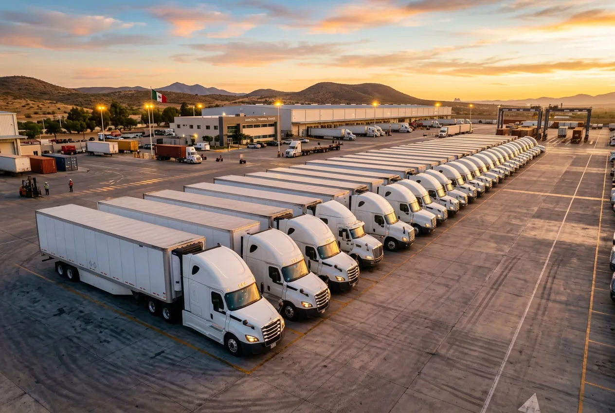 Tractocamiones y remolques en un centro logístico