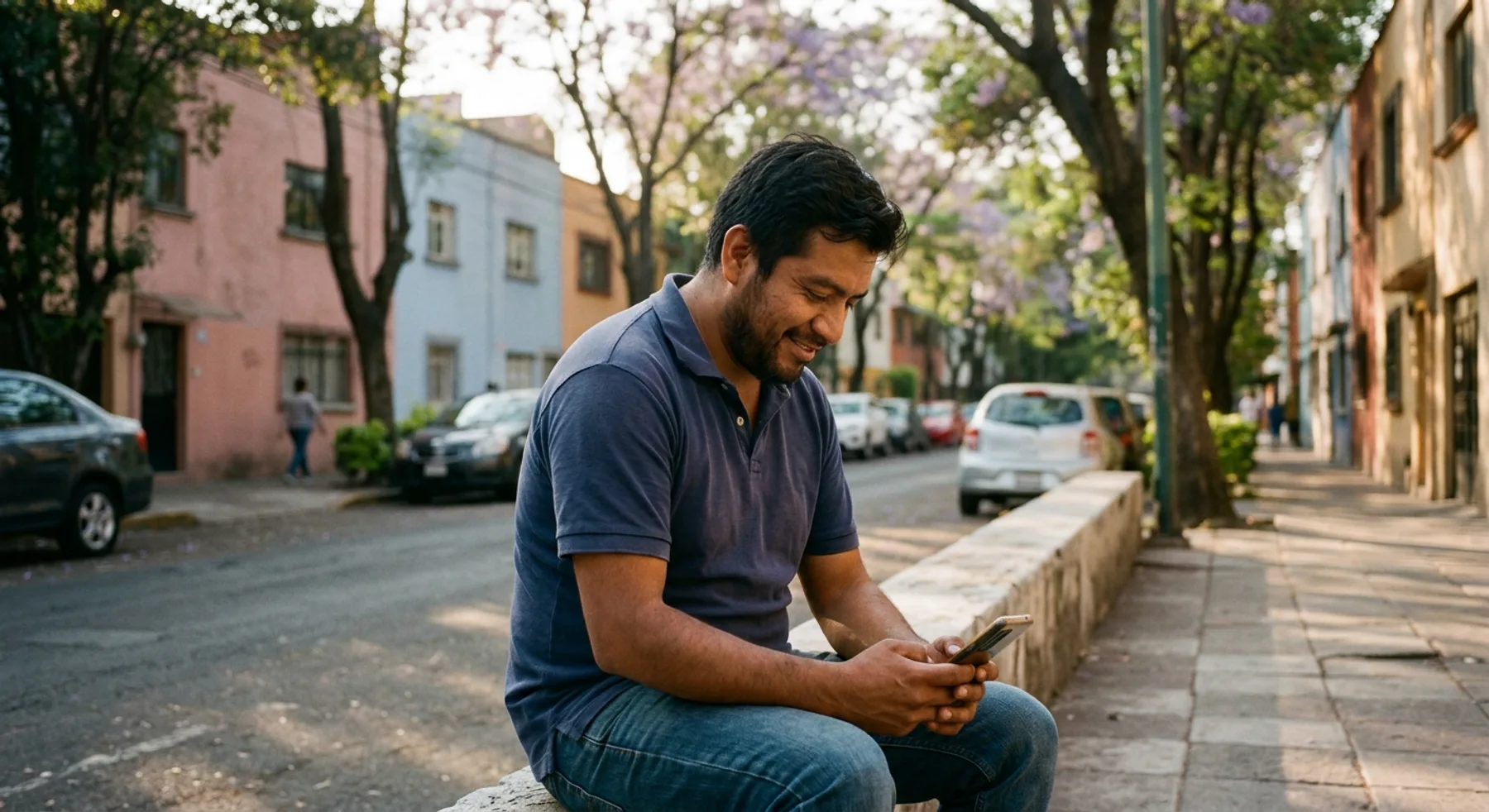 Conductor sonriendo al recibir una buena noticia en su celular, sentado en una banqueta arbolada de la colonia Narvarte
