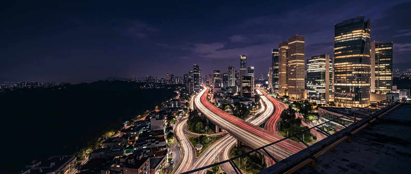 Vista nocturna del Periférico en Santa Fe, Ciudad de México, con estelas de luz de autos en movimiento